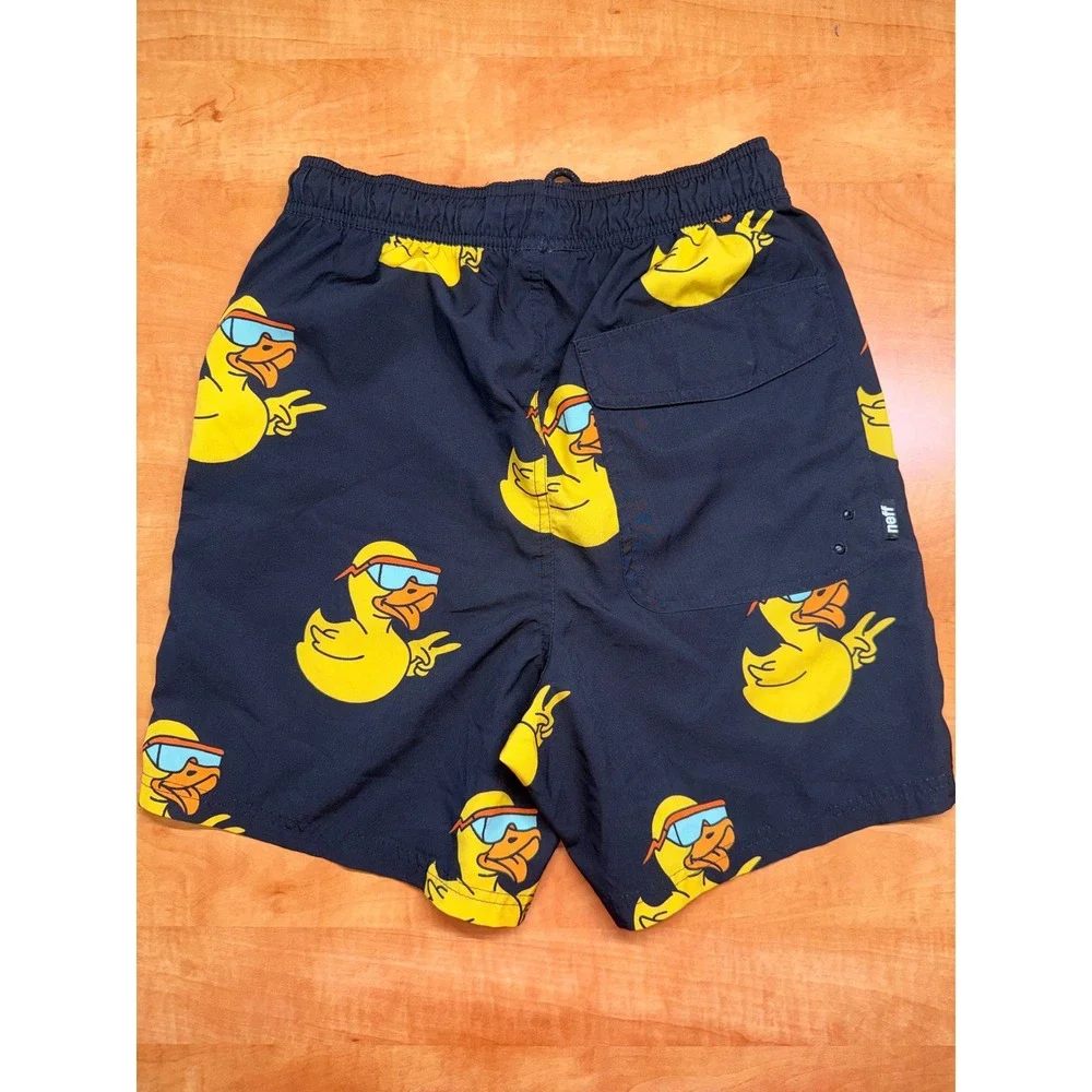 Neff Kids Med Swim Trunks Black Rubber Duck Sunglasses Peace Sign Board Shorts